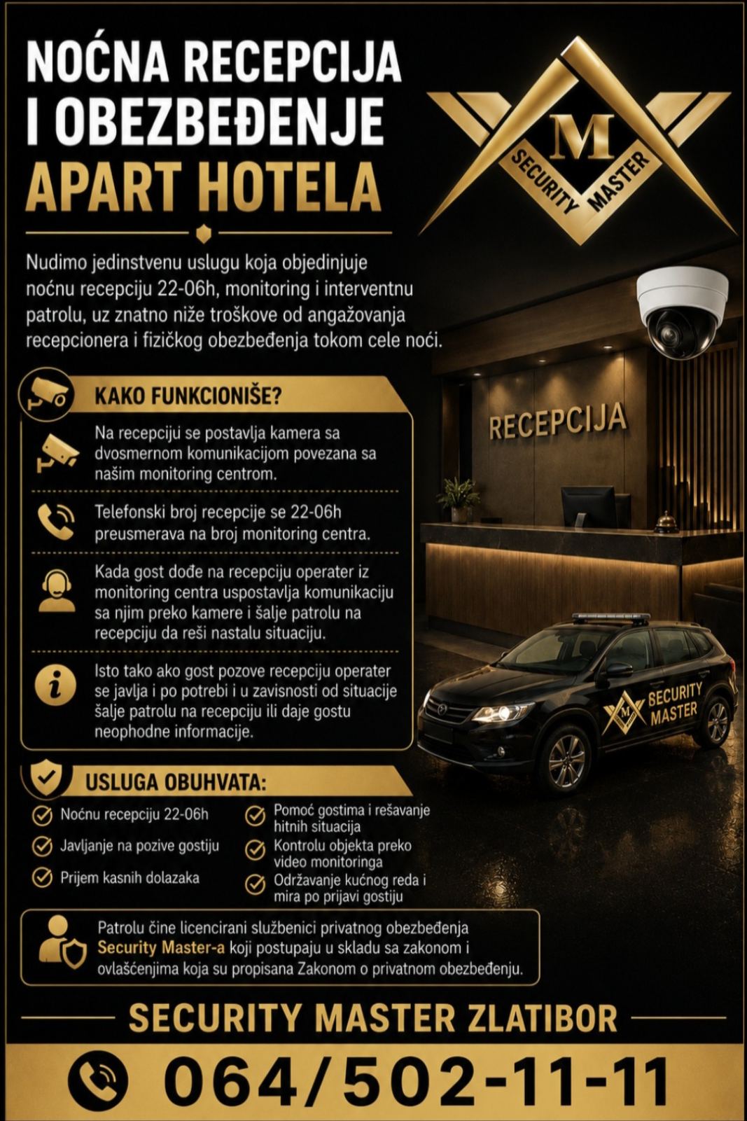 Noćna recepcija i obezbeđenje apart hotela na Zlatiboru